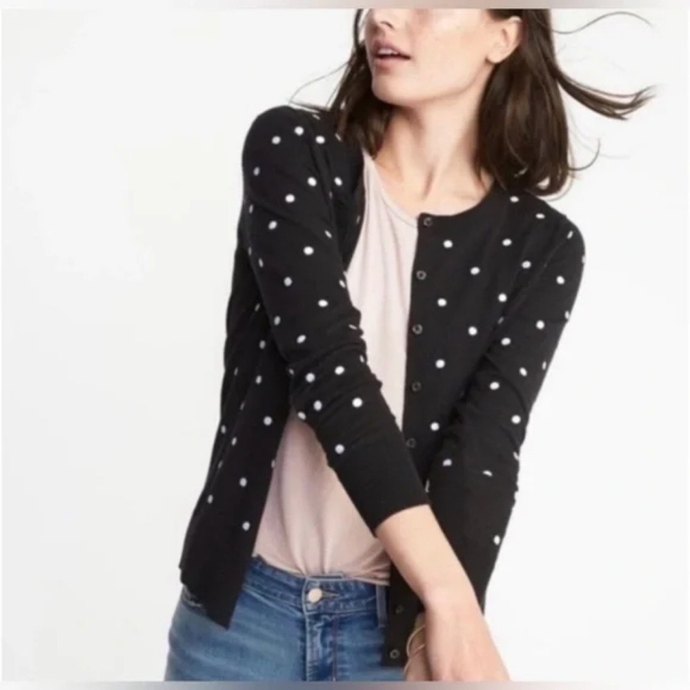 Talbots Womens Polka Dot Button‎ Front Cardigan Size XL Black White Silk Blend